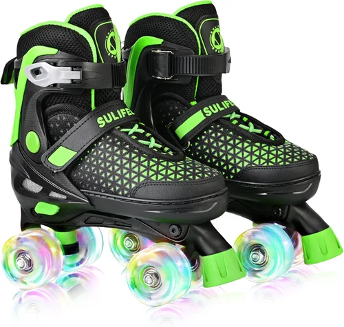 SULIFEEL Patines para niñas y niños, 4 tallas ajustables con ruedas iluminadas, patines seguros y divertidos para niños, mejor regalo para Verde
