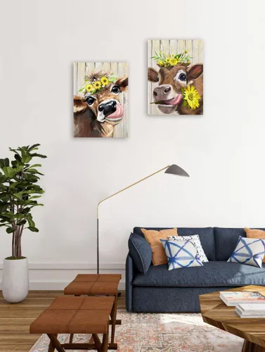 Miniatura 4 de Lienzo decorativo para pared, 2 piezas de vaca campestre con flores, girasol, lienzo, cuadros, rústico, lindo y humorístico, estampado de vaca