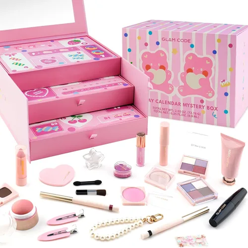 Glam Code Calendario de Adviento de maquillaje de 24 días 2025, juego de regalo de maquillaje para adolescentes y mujeres adultas, calendario de Rosa