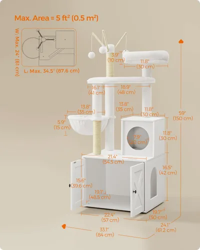 Miniatura 5 de Feandrea Árbol para gatos con caja de arena, torre moderna para gatos de 59 pulgadas, condominio 2 en 1 con postes rascadores, cojín extraíble