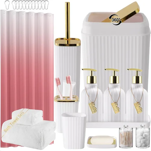 Miniatura 64 de 21PCS Bathroom Sets with Shower Curtain and Rugs Bathroom Accessories Set Beige Bathroom Set Complete with Trash Can, Toilet Brush, Qtip Holder &