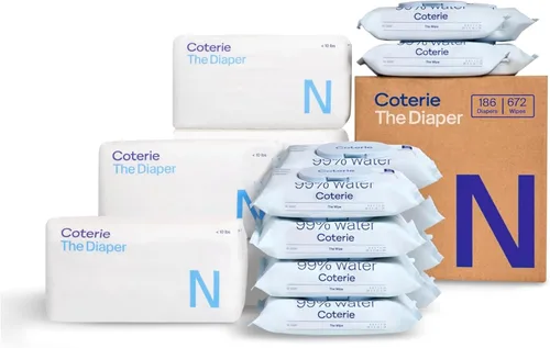 Kit de toallitas y pañales para bebé Coterie, tamaño recién nacido (186 unidades) y 12 paquetes (672 unidades) de toallitas para bebé con 99% de