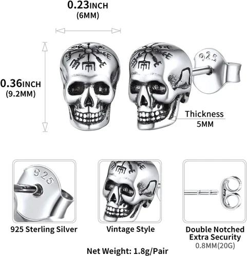 Miniatura 3 de ChicSilver Aretes de plata de ley 925, aretes góticos vintage personalizados, aretes de Halloween para hombres y mujeres (con caja de regalo)