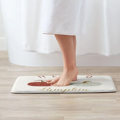 Miniatura 2 de Alfombra de baño con diseño de calabaza con texto en inglés «Hello Fall», tapete de felpa para baño, suave, lavable, antideslizante, absorbente