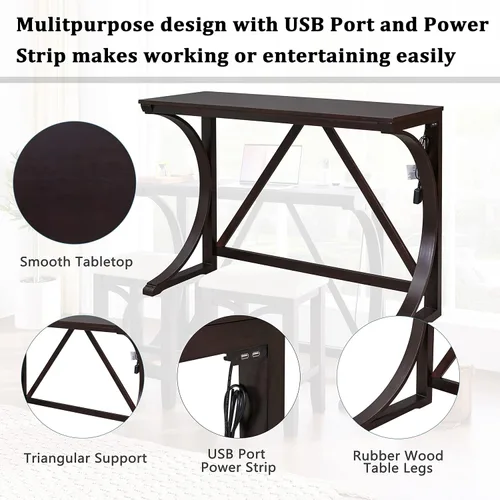 Miniatura 4 de Juego de mesa de comedor para 2, juego de mesa de comedor de 3 piezas de altura de mostrador con puerto USB y taburetes tapizados, color espresso