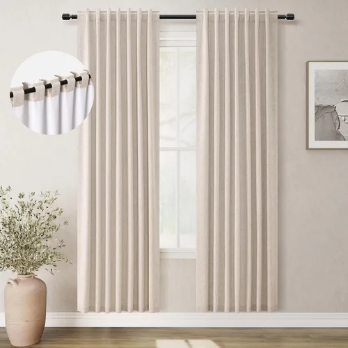 Miniatura 32 de BOODII Cortinas de lino 100% opacas para dormitorio de 102 pulgadas de largo, con aislamiento térmico, oscurecimiento de la habitación, cortinas