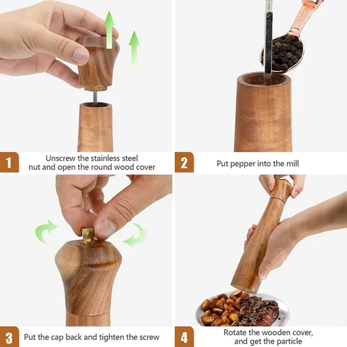 Miniatura 3 de Juego de molinillo de sal y pimienta de madera, molinillo manual de sal y pimienta, molinillo de sal de madera de acacia recargable, molinillo