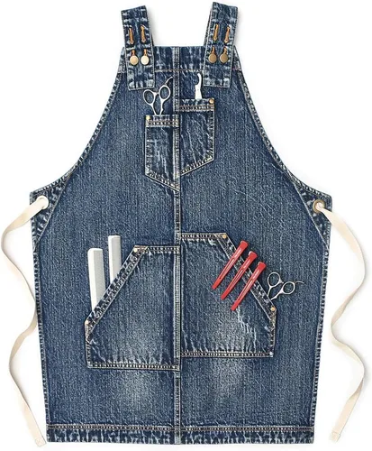 Miniatura 12 de Jeanerlor - Delantal de mezclilla con 4 bolsillos para mujeres y hombres - Estilo lavado correas cruzadas en la espalda y ajustable S a XXXL, Azul