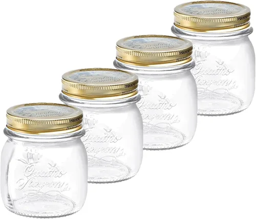 Bormioli Rocco Quattro Stagioni - Juego de 4 tarros transparentes herméticos, 8.5 onzas, hechos de vidrio duradero sin BPA, fabricado en Italia.