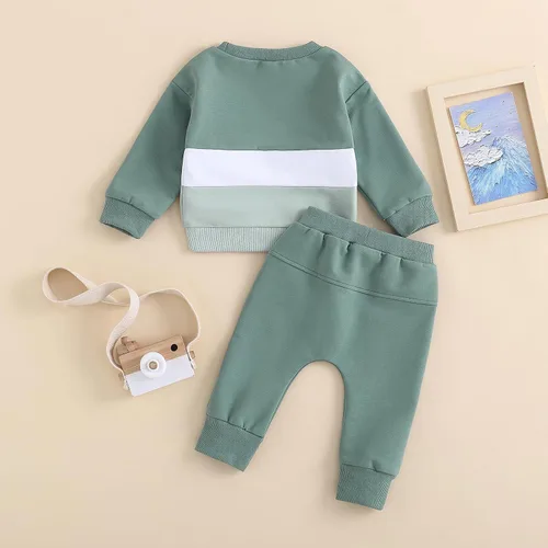 Miniatura 3 de BeQeuewll Ropa para bebé niño de otoño e invierno, 2 piezas, bloque de color, sudadera y pantalones con cuello redondo