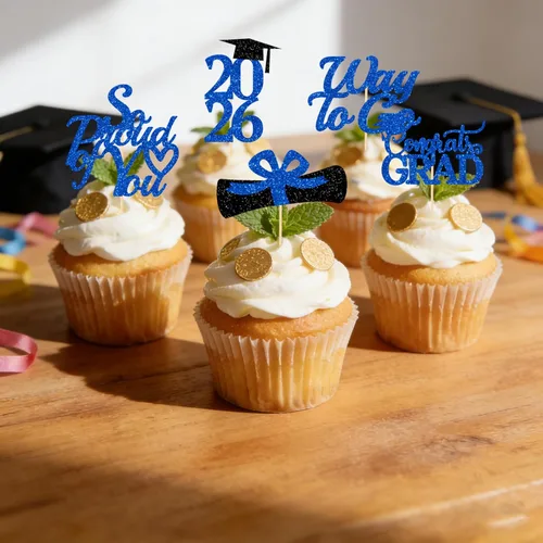 Miniatura 3 de Decoraciones de graduación 2026 azul, adornos para cupcakes de graduación 2026 azul y negro, suministros de decoración para cupcakes clase de 2026