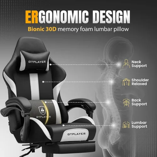 Miniatura 5 de GTPLAYER Silla de juegos con cojín de resorte de bolsillo, silla de oficina de cuero con respaldo alto ergonómico y soporte lumbar para aliviar