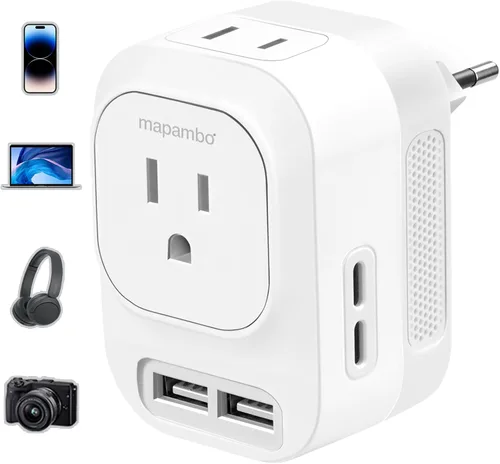Convertidor de voltaje de Estados Unidos a Europa con 2 puertos USB A y 2 puertos USB C de carga rápida, convertidor de corriente de 220 V a 110 V