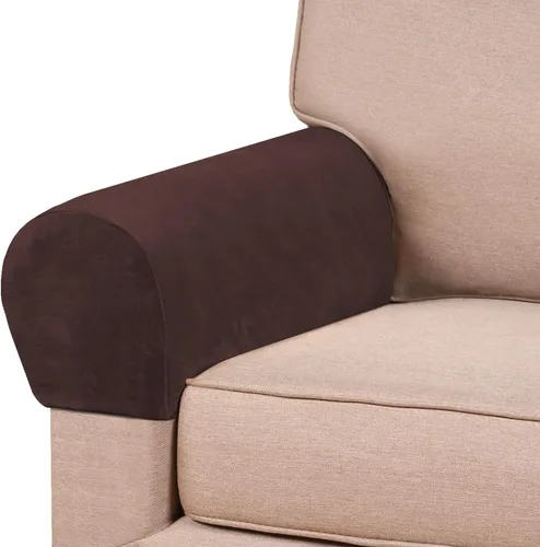 PrinceDeco 4 Pack Thick Velvet Stretch Armrest Covers for Chairs and Sofas - Non Slip, Brown