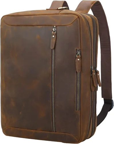 TIDING Mochila de cuero para laptop de 15.6 pulgadas, maletín convertible de negocios, bolso bandolera de hombro, color marrón