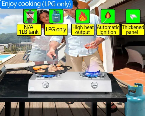 Miniatura 3 de Horynar Estufa de propano de 2 quemadores, quemador de propano de encendido automático, estufa de gas de 26000 BTU con manguera CSA LPG