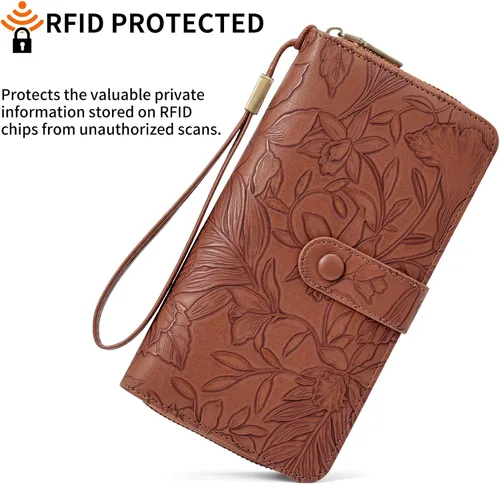Miniatura 2 de SENDEFN Cartera de piel con cierre RFID para mujer, con cierre de cremallera, de gran capacidad, con correa para la muñeca, Marrón, Classic