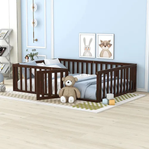 Miniatura 15 de Harper & Bright Designs Cama Montessori doble con valla y puertas, marco de cama de piso para espacios pequeños, sin rejas, gris