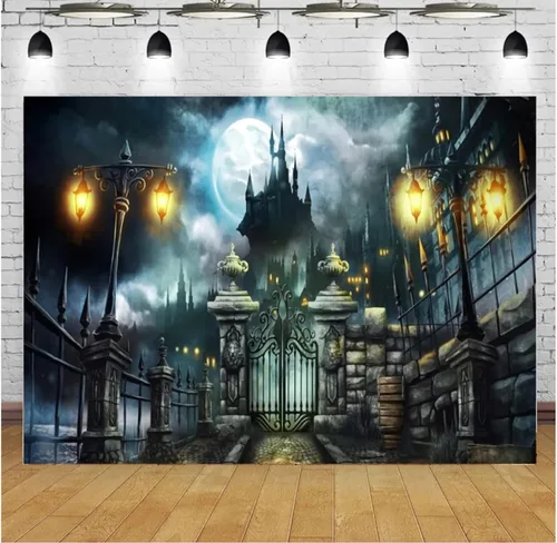 Telón de fondo de Halloween, puerta del castillo, farol de luna, fondo de fotografía, póster de estudio de fotografía, póster de vinilo para fondo
