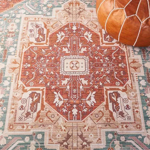 Miniatura 8 de SAFAVIEH Alfombra lavable Tucson Collection - 2 pies 6 pulgadas x 4 pies, aguamarina y óxido, antideslizante y fácil de limpiar, ideal para sala