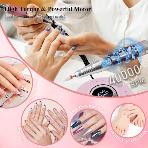 Miniatura 2 de Taladro eléctrico de uñas con motor sin escobillas, lima de uñas profesional inalámbrica de 40000 RPM para eliminación de acrílico y gel, kit de Rosa