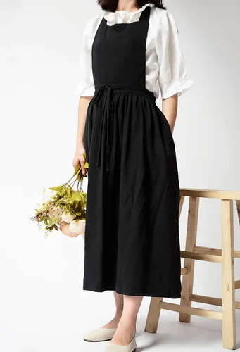 Miniatura 2 de Delantal largo de algodón plisado con espalda en X para cocina, jardín, floristería, ropa de trabajo, vestido con babero