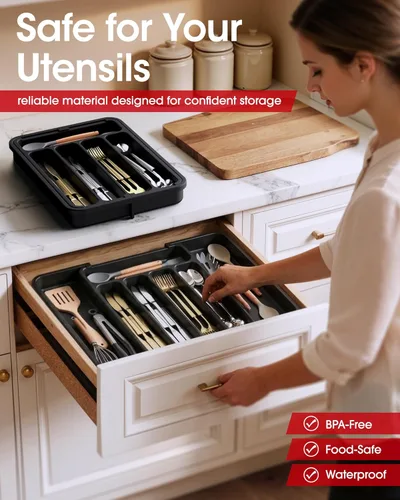Miniatura 3 de Aujen Organizador de cubiertos – Organizador de cajones de cocina expandible, organizador de utensilios ajustable, bandeja de cubiertos
