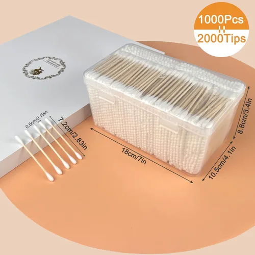 Miniatura 5 de Hisopos de algodón de bambú, 1000 unidades, capullos de algodón natural con caja de almacenamiento, palitos de bambú para el cuidado del oído