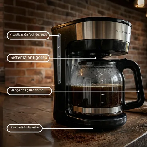 Miniatura 3 de OVENTE Cafetera de goteo de 12 tazas con jarra de vidrio de borosilicato, máquina de operación táctil única, sistema antigoteo, filtro reutilizable