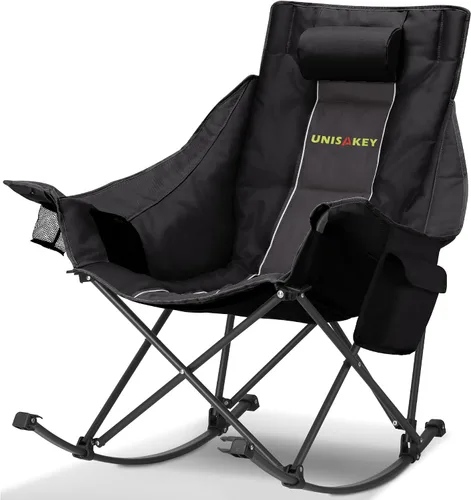 Miniatura 9 de Unisakey Silla mecedora de camping extra grande con reposacabezas y portavasos - Capacidad de 400lbs, tela Oxford 600D, silla mecedora portátil