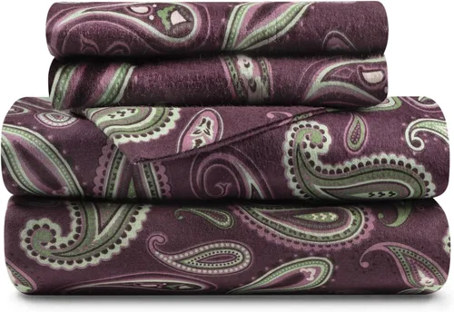Miniatura 17 de Superior Juego de sábanas de algodón de franela con diseño paisley o sólido, sábanas cálidas y suaves, ropa de cama tradicional bohemia, incluye 1