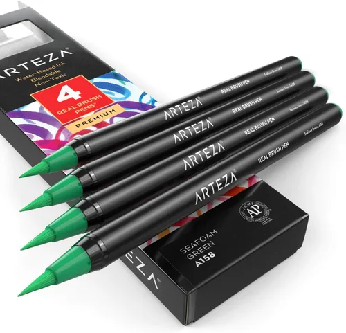 Miniatura 10 de Arteza Bolígrafos de pincel real, A174 gris delfín, paquete de 4, bolígrafos de acuarela con puntas de pincel de nailon, suministros de arte