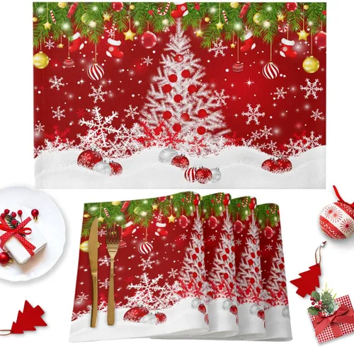 Miniatura 28 de Juego de 1 mantel individual gris de Navidad, manteles individuales de enanos de invierno y cardenales antideslizantes, manteles individuales