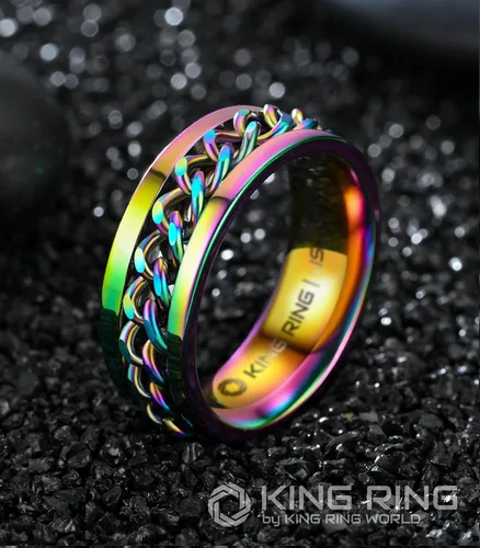 Miniatura 27 de King Ring Anillo giratorio de 0.315 pulgadas, anillo plano pulido fino para hombres y mujeres con cadena cubana, diseñado en Estados Unidos