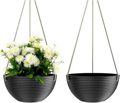 Asnext Maceta colgante de 10 pulgadas con patrón de línea para plantas de interior y exterior, paquete de 2 macetas colgantes redondas para plantas