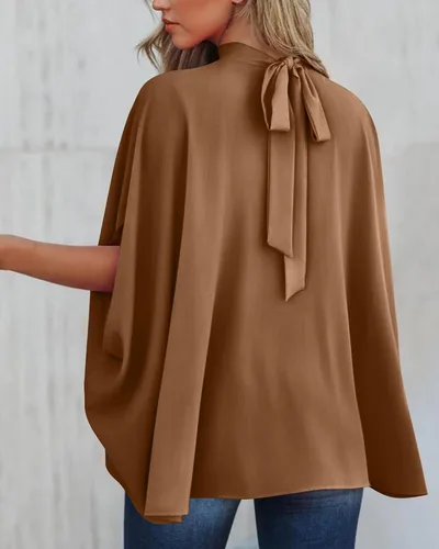 Miniatura 163 de BTFBM Blusas de verano para mujer, cuello alto falso, manga murciélago, holgadas, dobladillo alto y bajo, blusas informales de gran