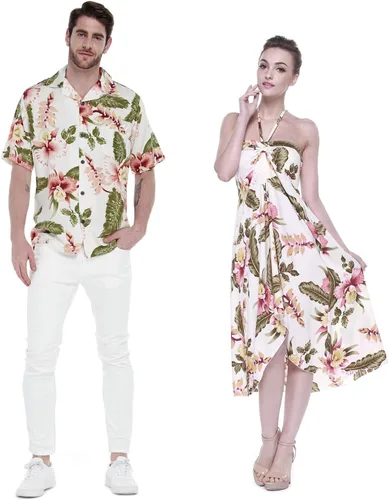 Conjunto de traje de fiesta hawaiana Luau a juego para parejas, vestido camisero en crema Rafelsia, Crema Rafelsia