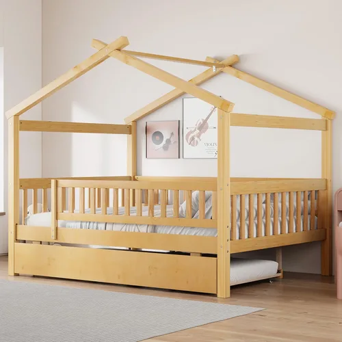Miniatura 11 de Harper & Bright Designs Cama de madera con nido, marco de cama Platforn para niños de tamaño individual con rieles de valla y techo para niñas