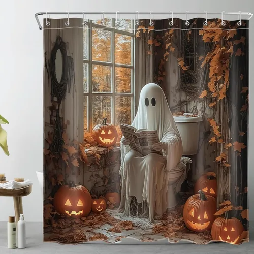Miniatura 19 de LB Cortina de ducha espeluznante de Halloween, lindo fantasma en flores, árbol negro, luna llena, cortinas de ducha para baño, tela de poliéster