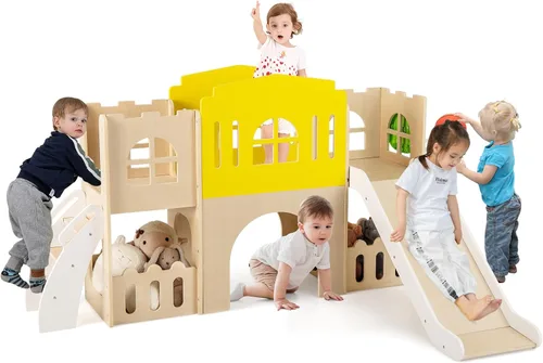 Miniatura 10 de Costzon Juego de tobogán infantil 8 en 1, tobogán independiente para niños con túnel, aro de baloncesto, juego de tobogán escalador para niños de 1