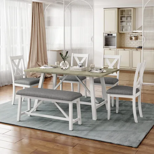 Miniatura 20 de KLMM Elegante y clásico juego de mesa de comedor de madera de 6 piezas con 4 sillas y otomana, adecuado para cocina y comedor