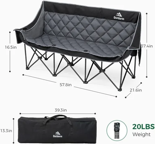 Miniatura 3 de Silla de campamento acolchada para 3 personas, sofá de campamento de gran tamaño, silla de campamento doble plegable resistente, sofá de dos plazas