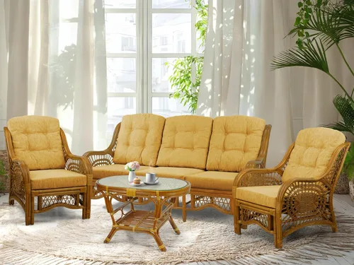 Miniatura 31 de Malibu Lounge Juego de 4: 2 sillas de mimbre de ratán natural, sofá de tres plazas con cojines marrón claro y mesa de centro con vidrio hecho a