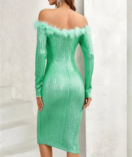 Miniatura 4 de NOYIVA Vestido ajustado de manga larga con lentejuelas y un solo hombro para mujer, vestido de cóctel brillante para fiesta de noche