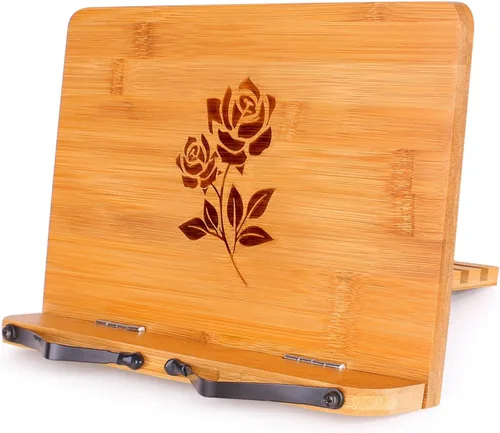 Miniatura 11 de MEGREZ Soporte de bambú para libros de 13.2 x 9.4 pulgadas, soporte plegable para libros de cocina con 6 alturas ajustables, soporte para libros