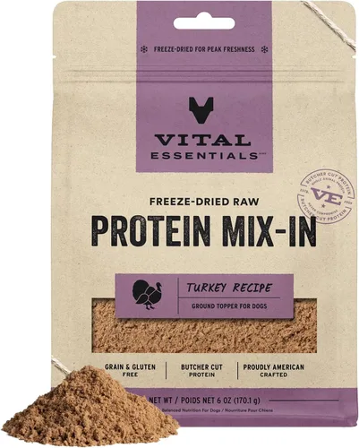 Vital Essentials - Mezcla de proteína liofilizada cruda para mezclar en comida para perros, topping de pavo molido para perros, 6 onzas