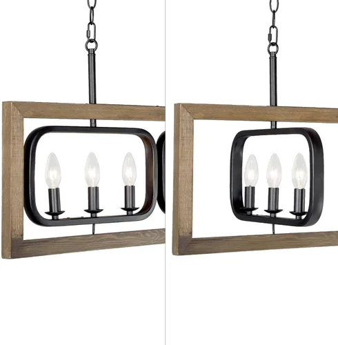 Miniatura 5 de LOG BARN Lámpara de araña de granja de 31 pulgadas, 6 luces rectangulares de madera para isla de cocina con marco giratorio de metal negro, lámparas