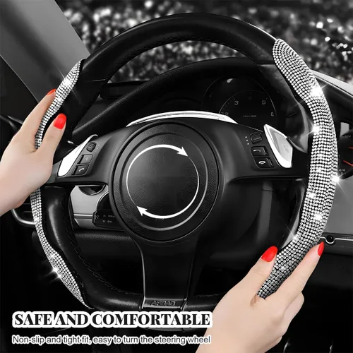Miniatura 3 de 2 piezas fundas para volante, fundas para volante de automóvil segmentadas con cristales de imitación, protector antideslizante decoración brillante