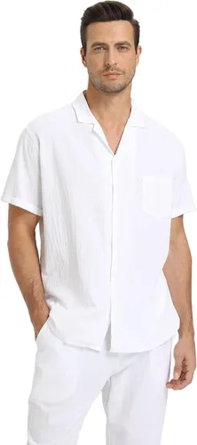Miniatura 4 de RPOVIG Conjunto de camisa de lino conjunto de 2 piezas de lino para hombre camisas de manga corta pantalones de yoga trajes de playa y boda
