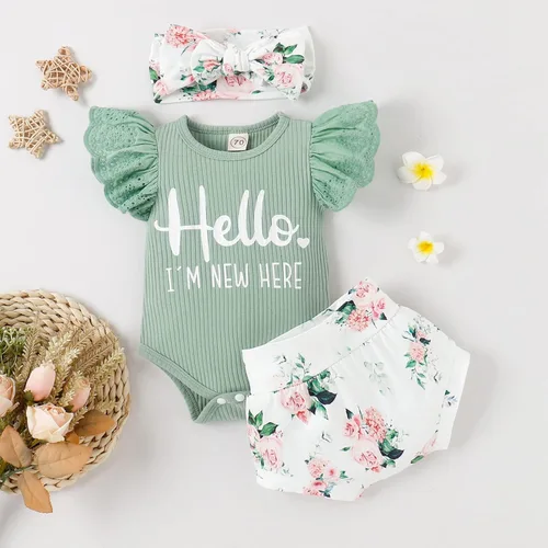 Miniatura 4 de Ropa de bebé niña, mameluco de encaje con volantes de verano para recién nacido + pantalones cortos florales, 3 piezas, sesión de fotos para niños